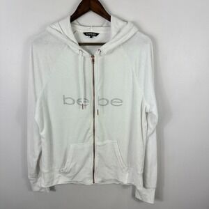BEBE Womens XL White Full Zip Hoodie Jacket Bling Logo Rhinestone Y2K